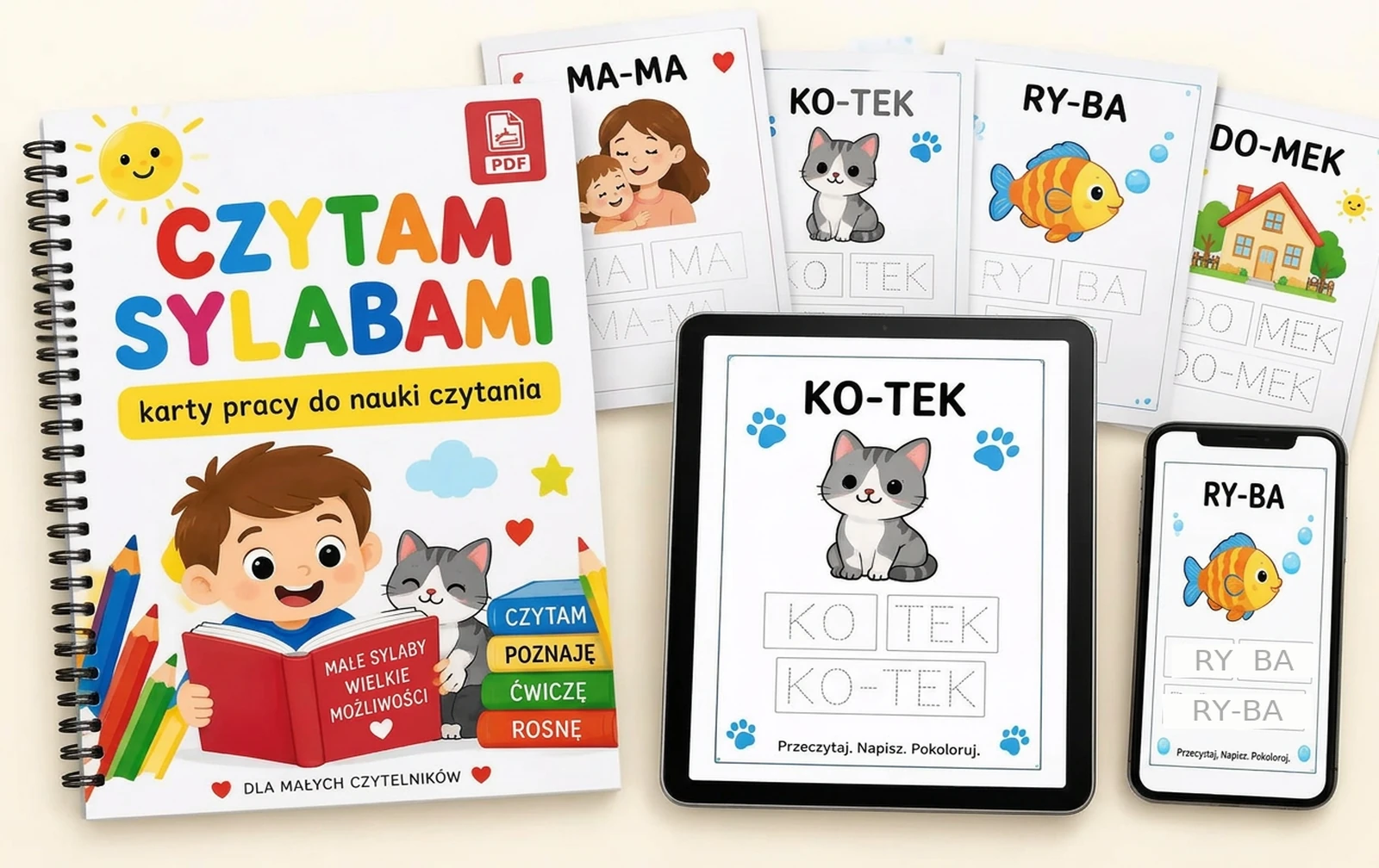 Zestaw Czytam Sylabami — zeszyt, tablet i telefon z kartami pracy